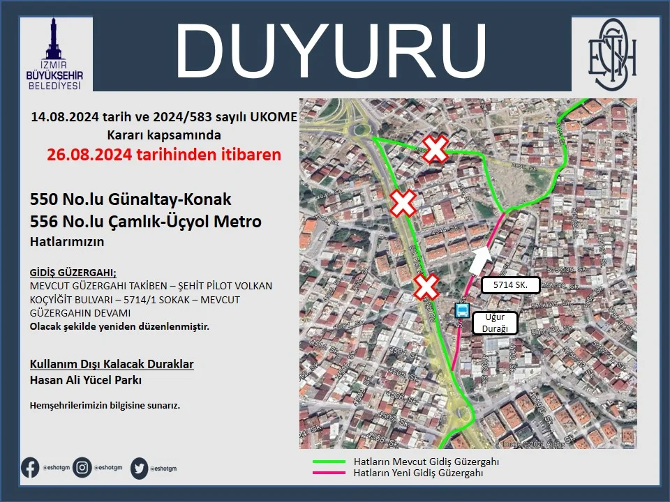 550 ve 556 No.lu Hatların Güzergah Değişiklik Duyurusu
