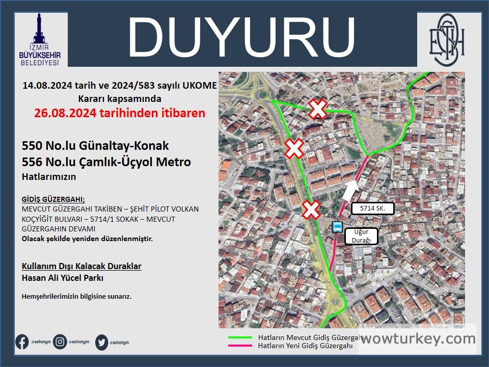 550 ve 556 No.lu Hatların Güzergah Değişiklik Duyurusu
