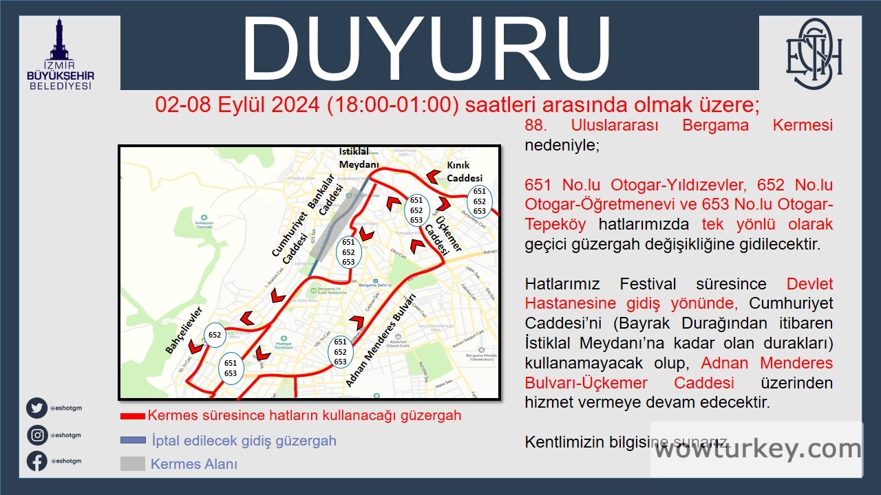 88. Uluslararası Bergama Kermesi Kapsamında Geçici Güzergah Değişikliği
