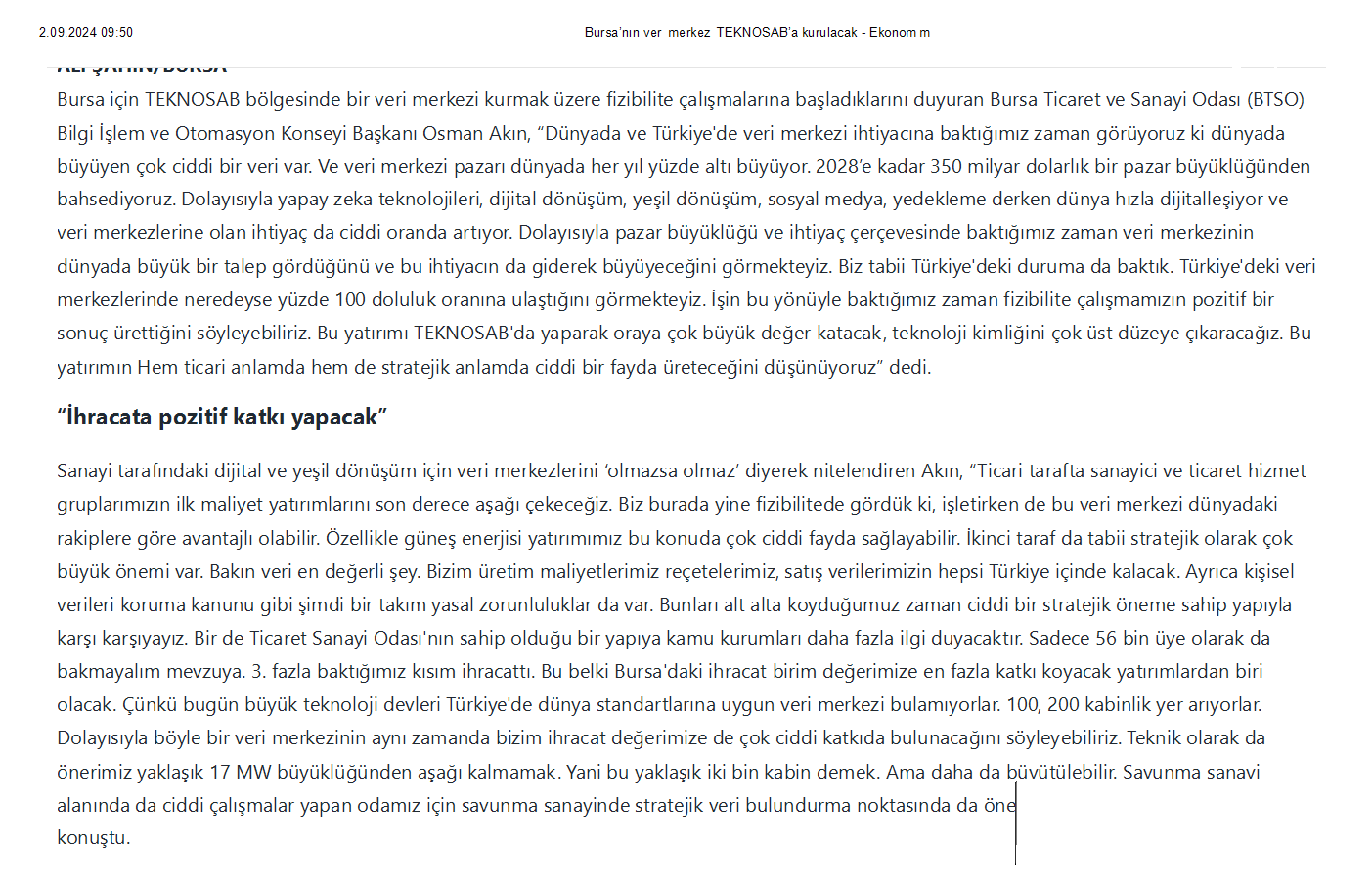 Bursa’nın veri merkezi TEKNOSAB’a kurulacak - Ekonomim conv 2