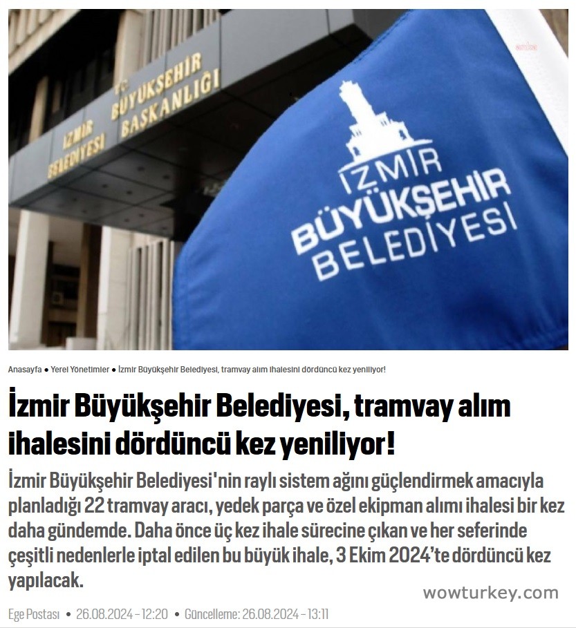 İzmir Büyükşehir Belediyesi, tramvay alım ihalesini dördüncü kez yeniliyor!